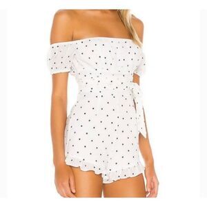 Women Privacy Please Polka Dot Off Shoulder Romper Vacation in White Size Small